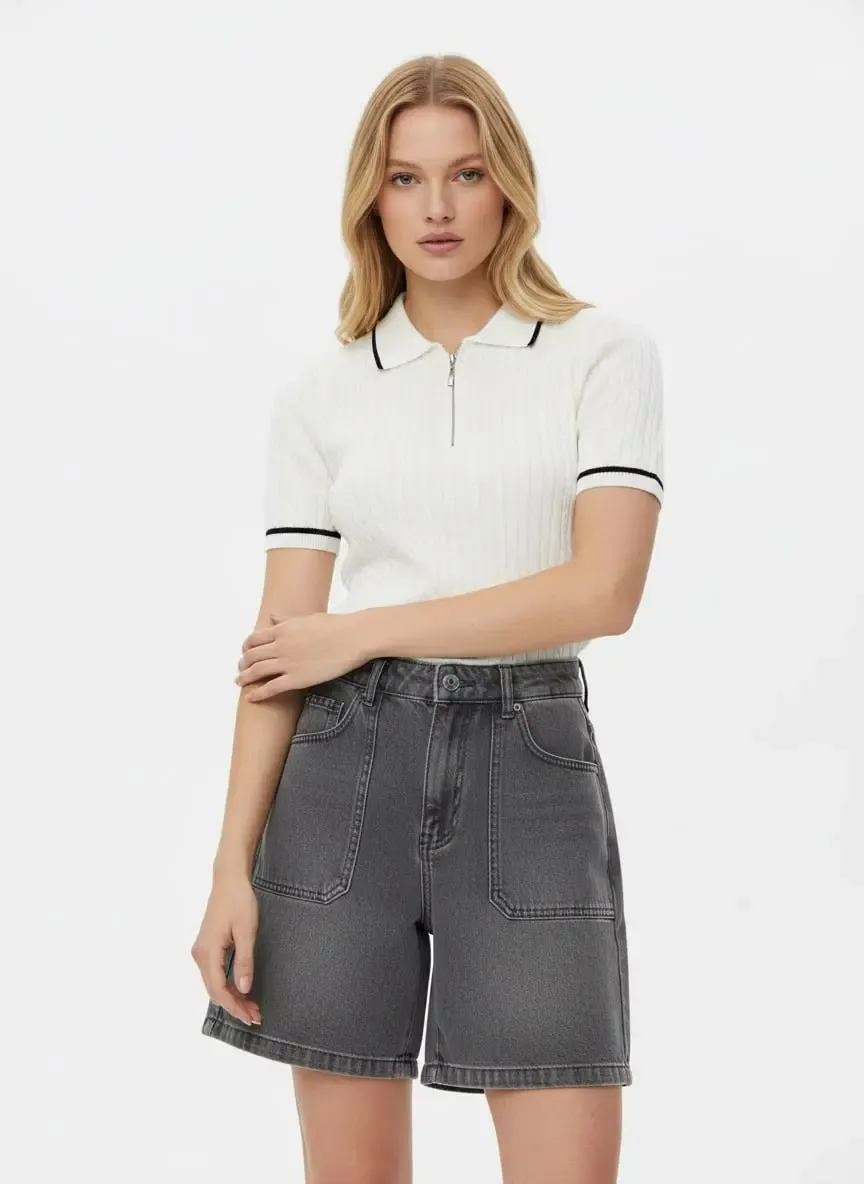 Kadın Polo Yaka Saç Örgü Fermuar Detay Detay Triko Kazak 12441