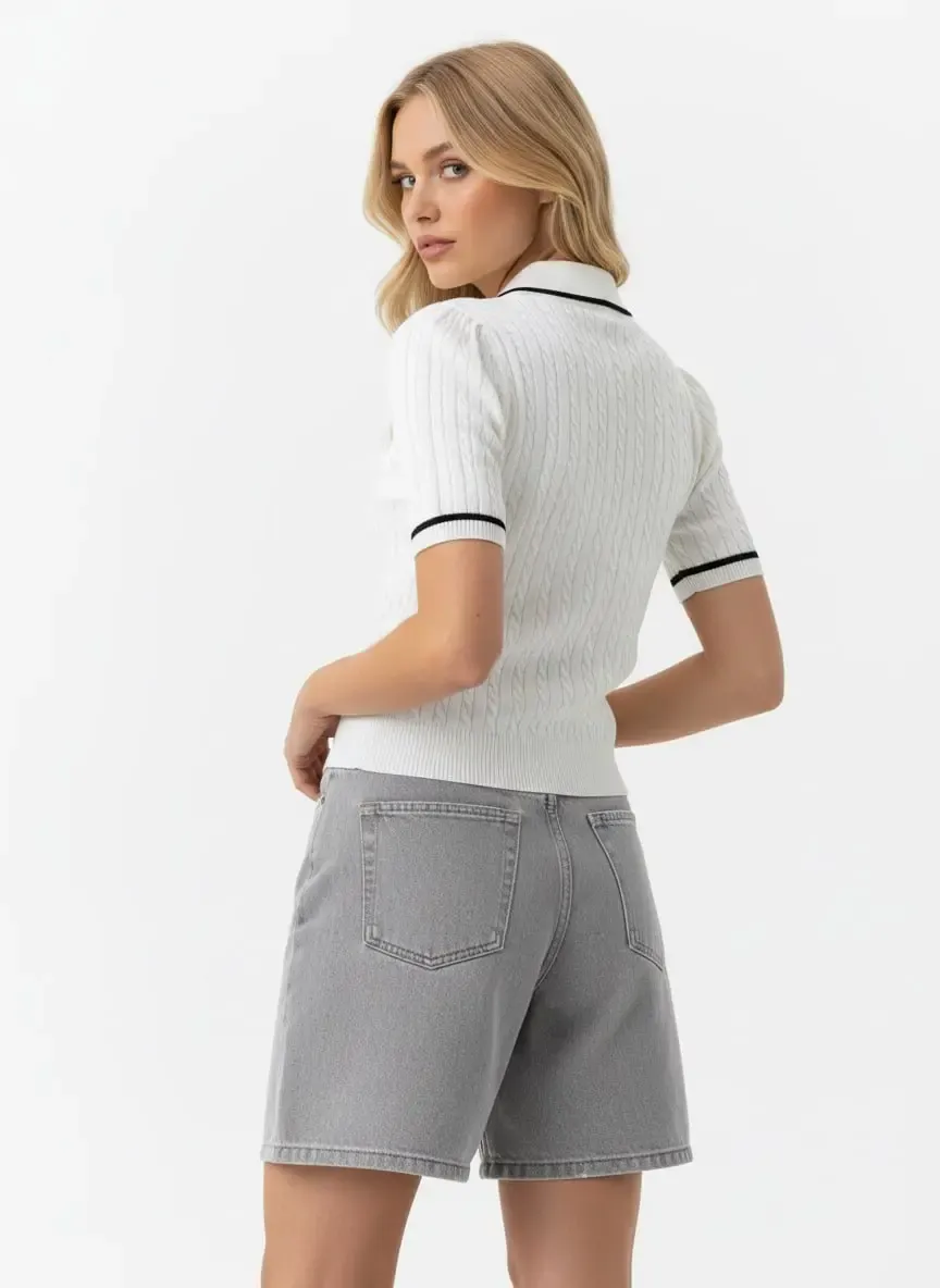 Kadın Polo Yaka Saç Örgü Fermuar Detay Detay Triko Kazak 12441