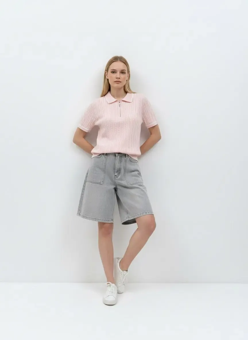 Kadın Polo Yaka Saç Örgü Fermuar Detay Detay Triko Kazak 12441