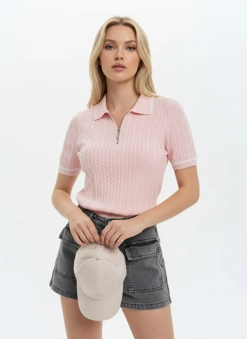 Kadın Polo Yaka Saç Örgü Fermuar Detay Detay Triko Kazak 12441