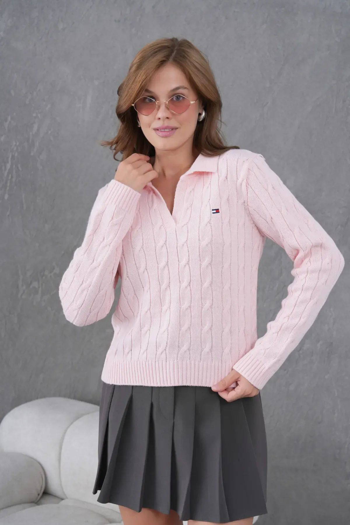 Kadın Polo Yaka Saç Örgü Triko Kazak 8610