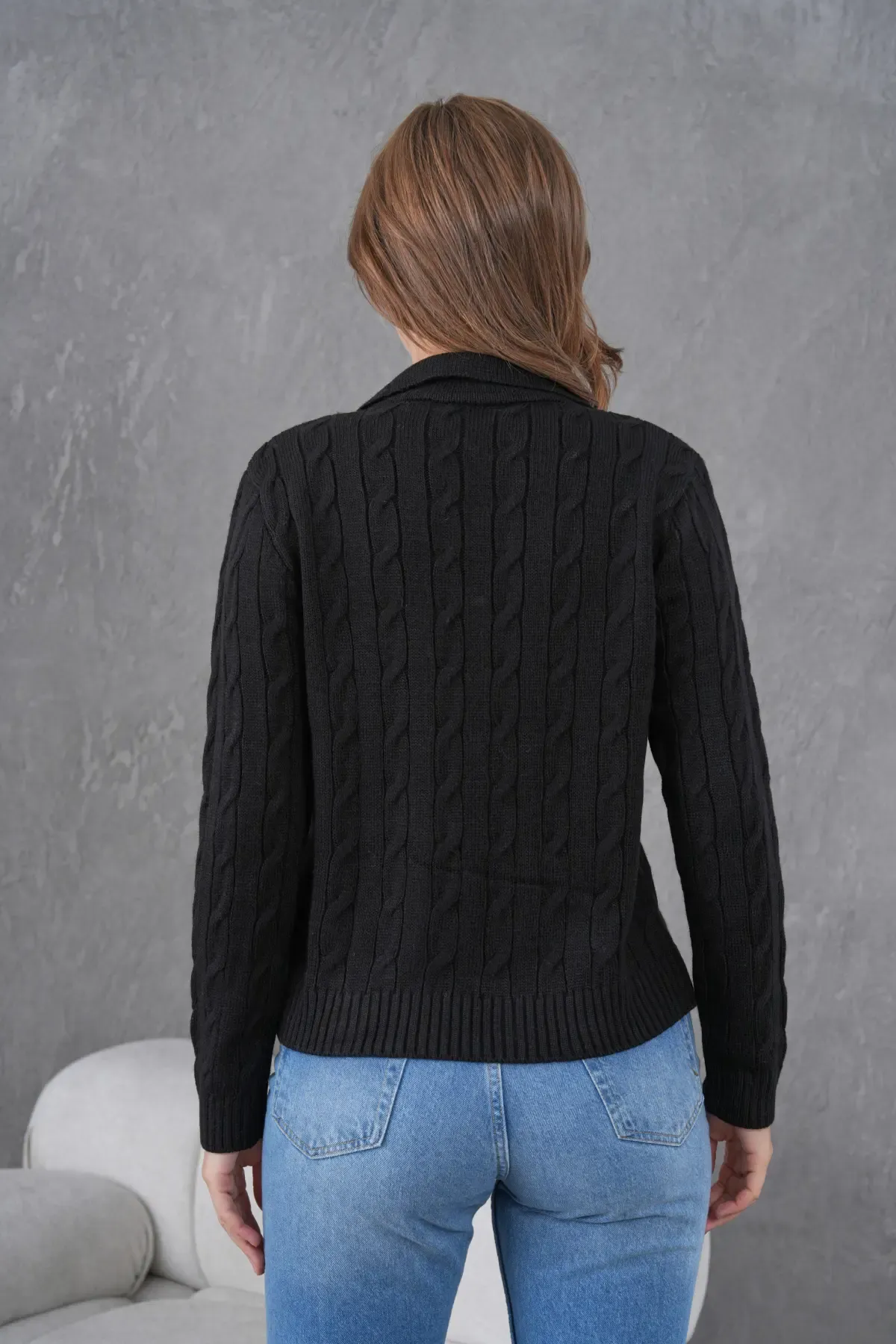 Kadın Polo Yaka Saç Örgü Triko Kazak 8610