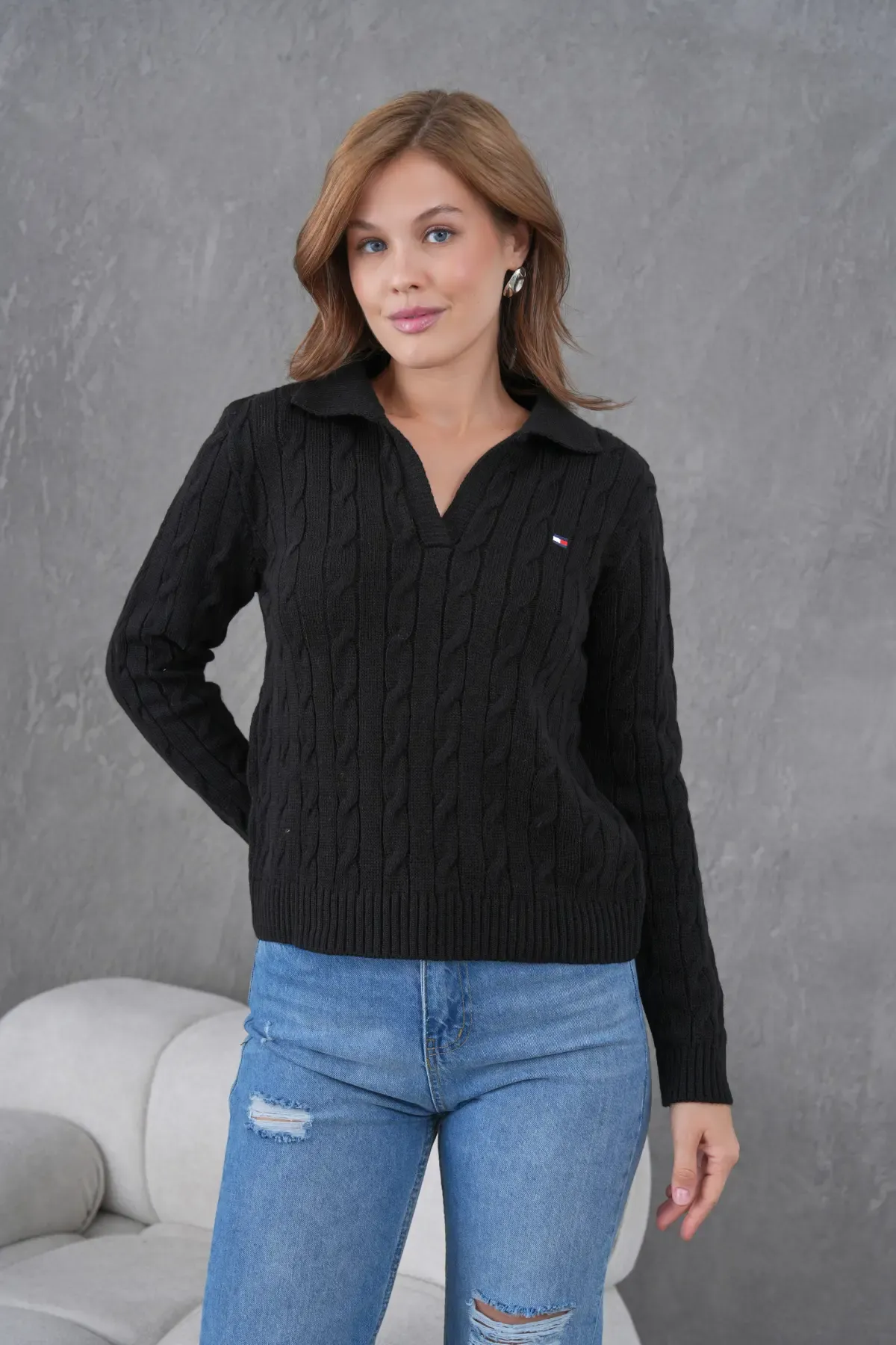 Kadın Polo Yaka Saç Örgü Triko Kazak 8610