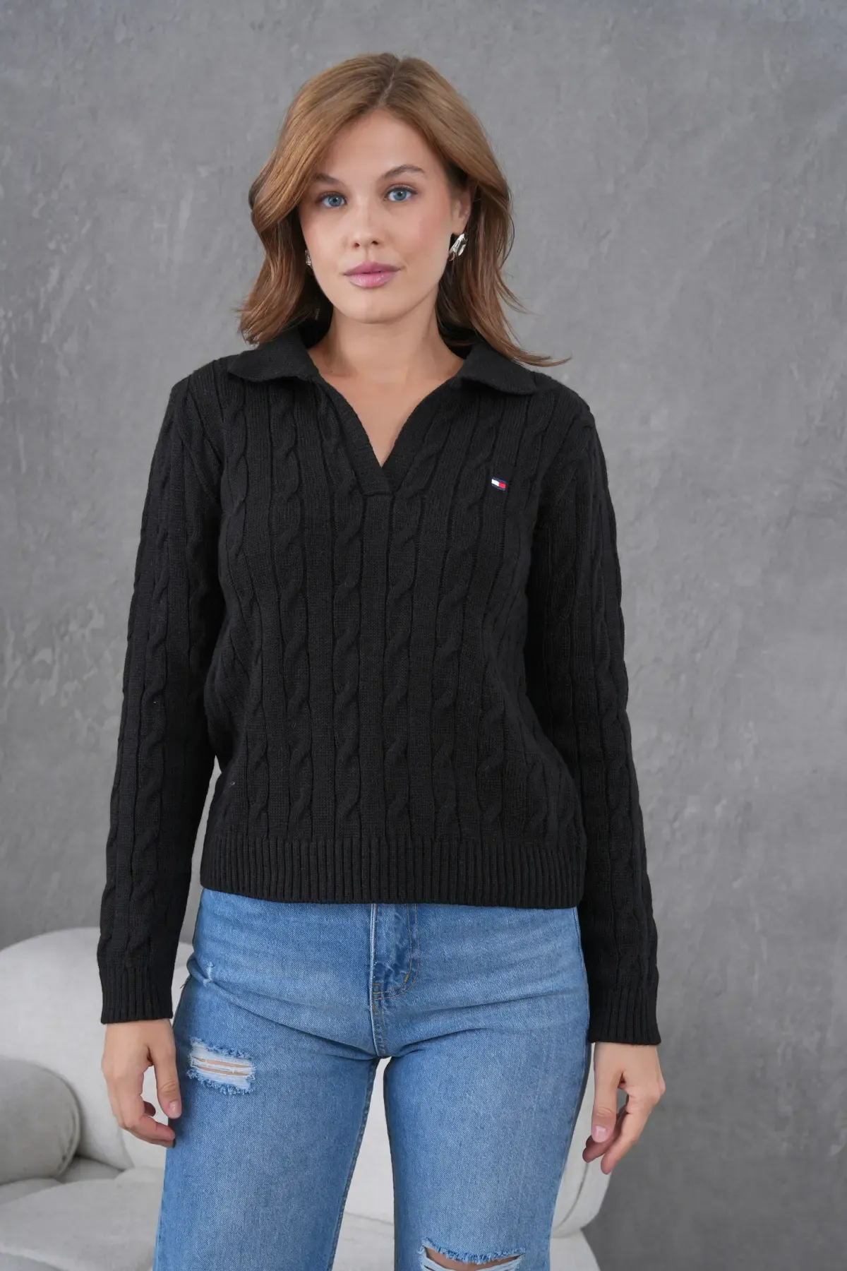 Kadın Polo Yaka Saç Örgü Triko Kazak 8610