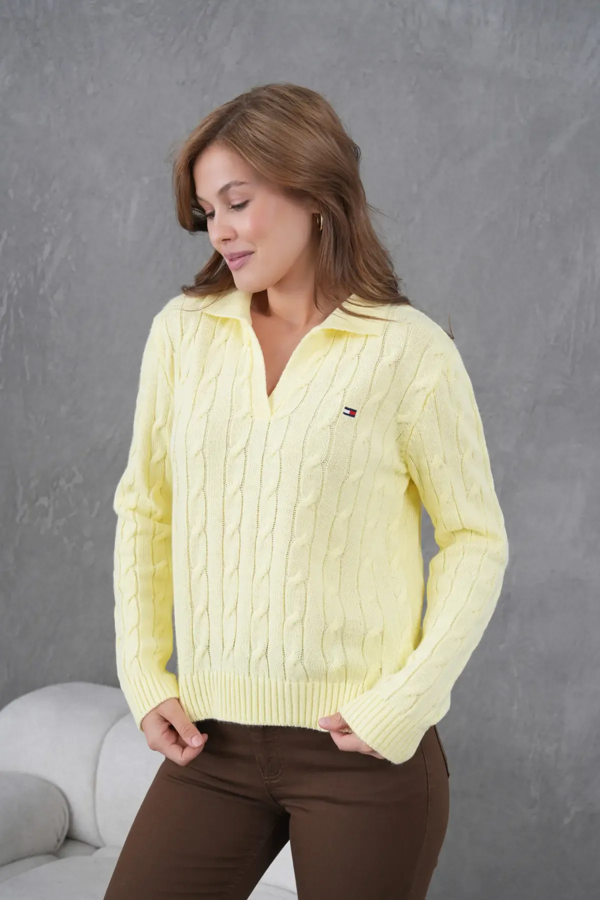 Kadın Polo Yaka Saç Örgü Triko Kazak 8610