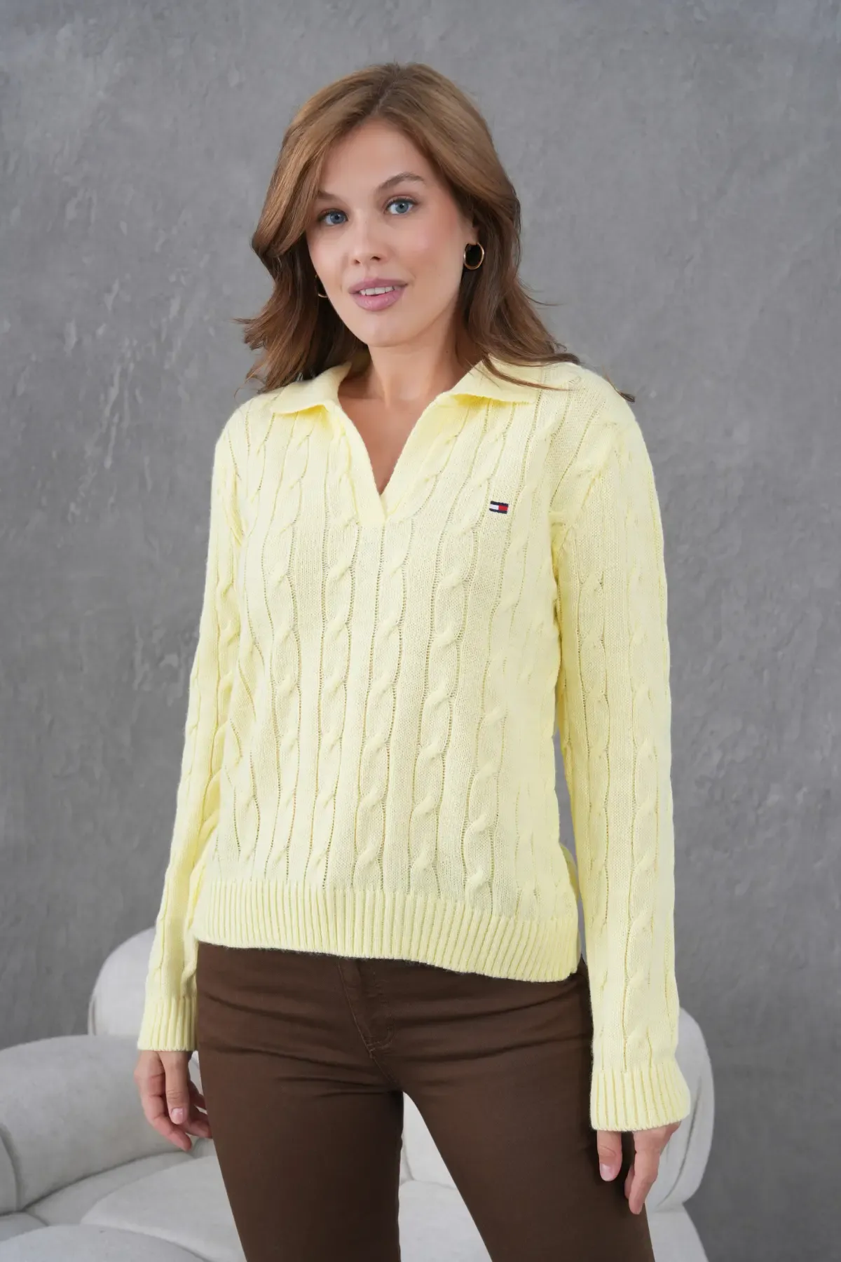 Kadın Polo Yaka Saç Örgü Triko Kazak 8610