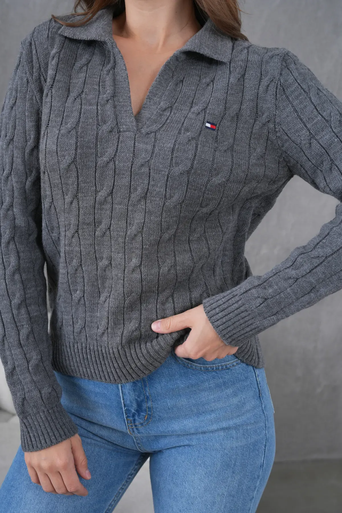 Kadın Polo Yaka Saç Örgü Triko Kazak 8610