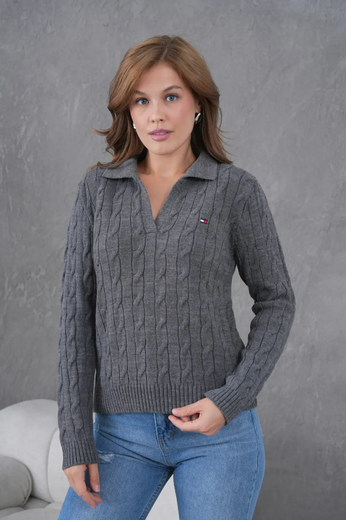 Kadın Polo Yaka Saç Örgü Triko Kazak 8610