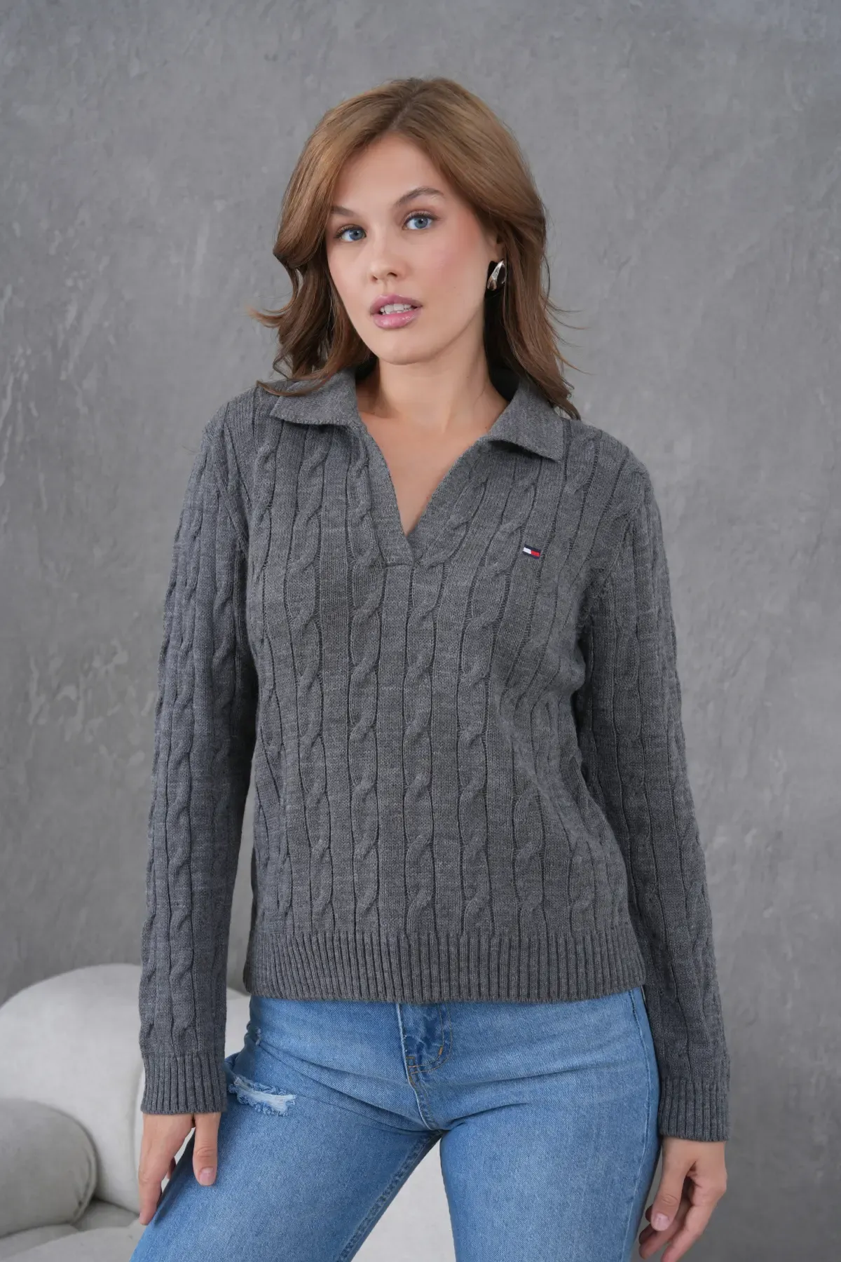 Kadın Polo Yaka Saç Örgü Triko Kazak 8610