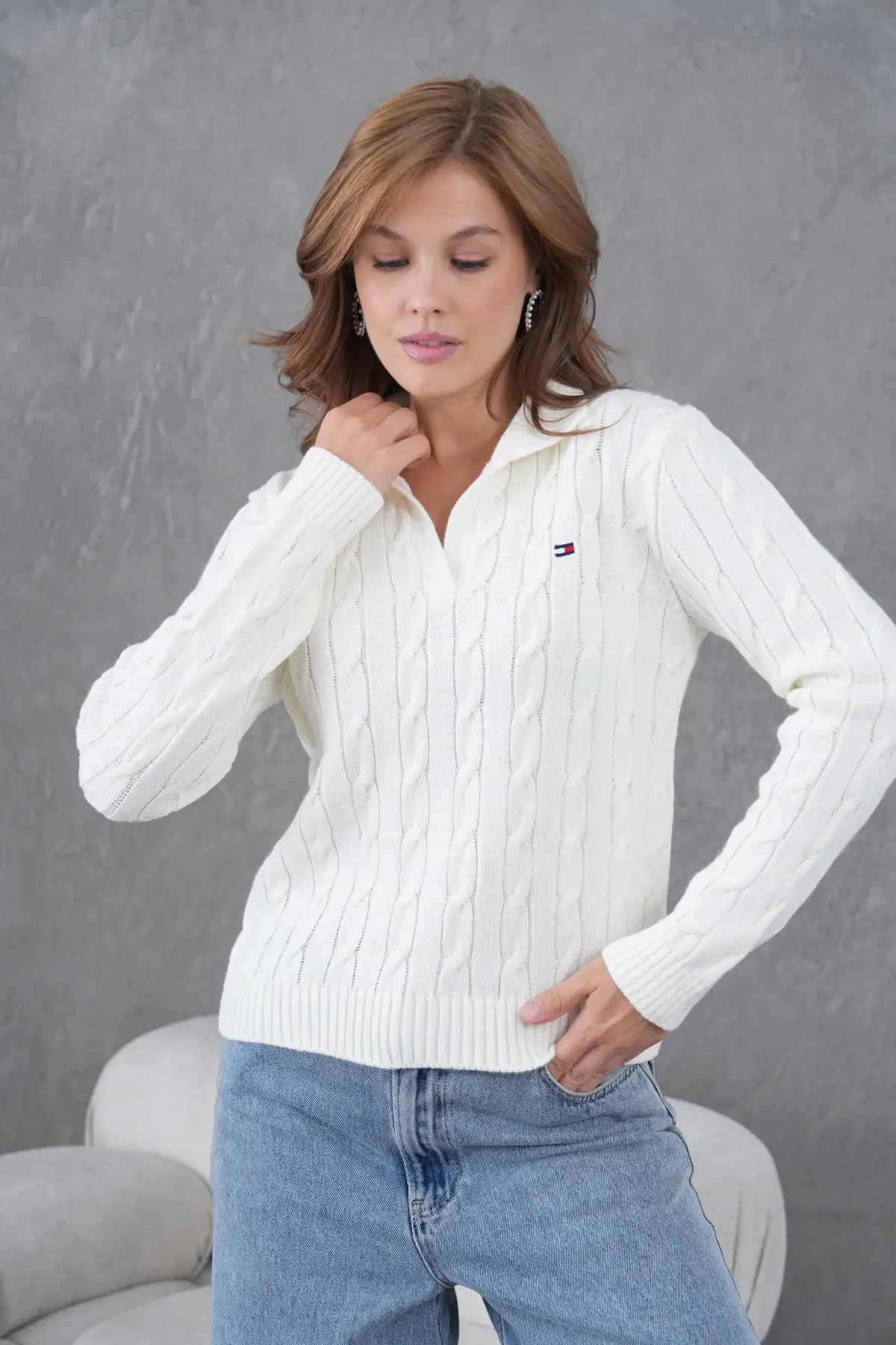 Kadın Polo Yaka Saç Örgü Triko Kazak 8610