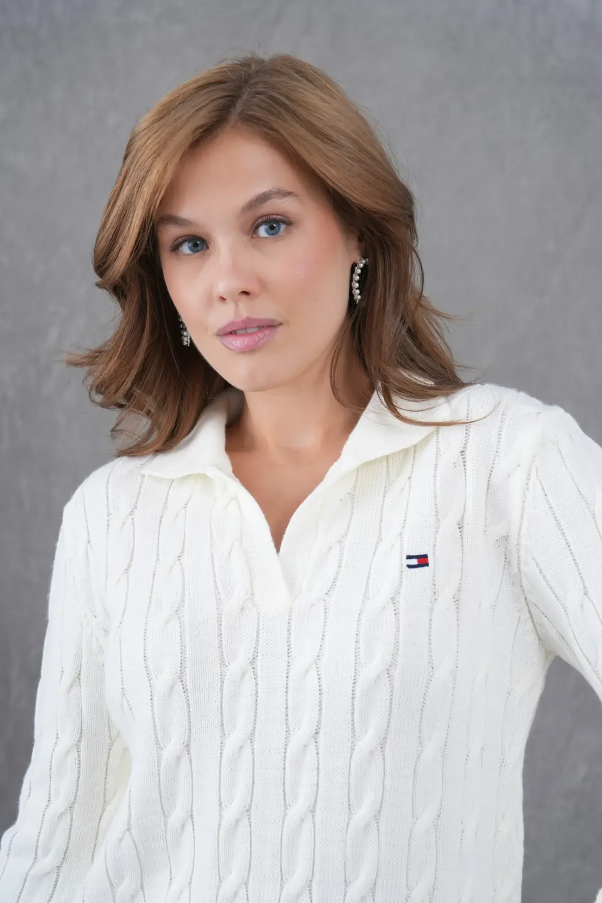 Kadın Polo Yaka Saç Örgü Triko Kazak 8610