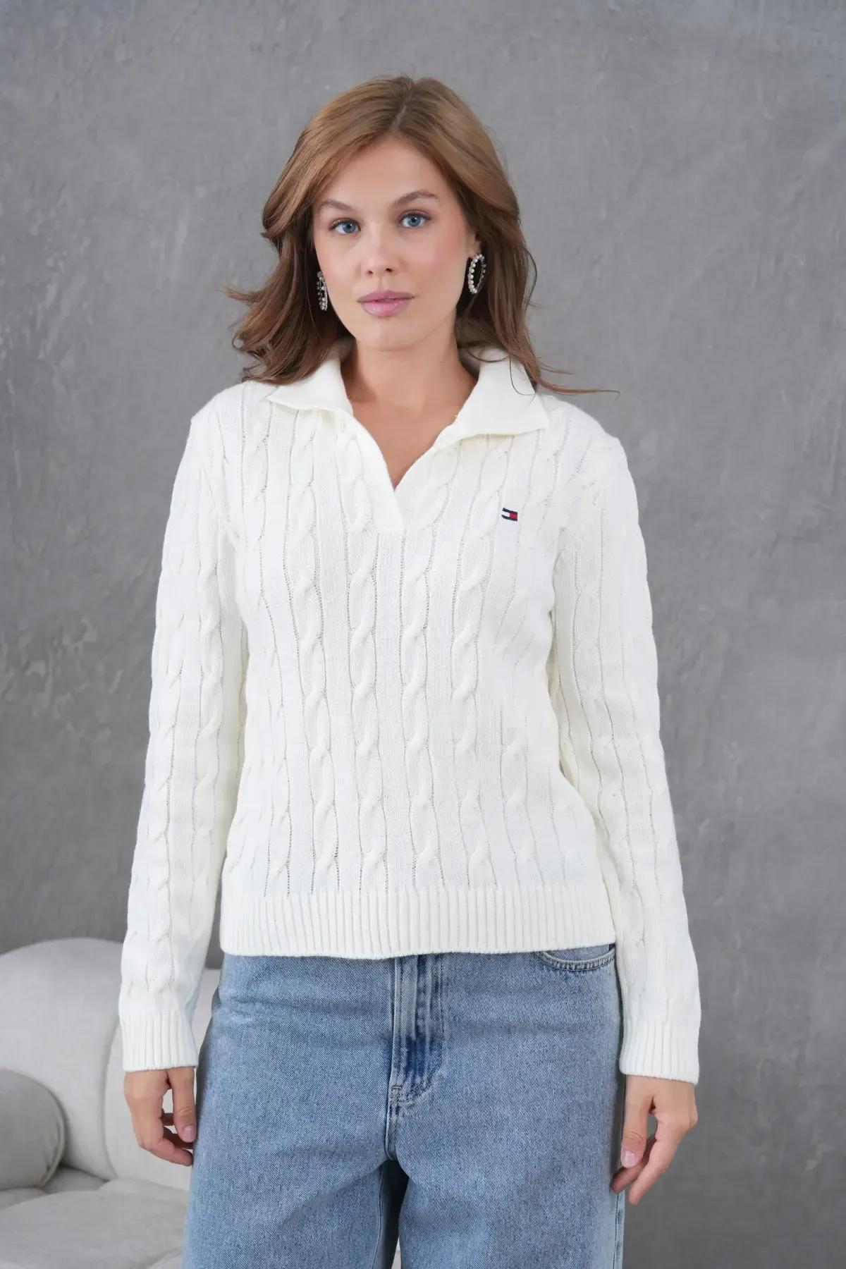 Kadın Polo Yaka Saç Örgü Triko Kazak 8610