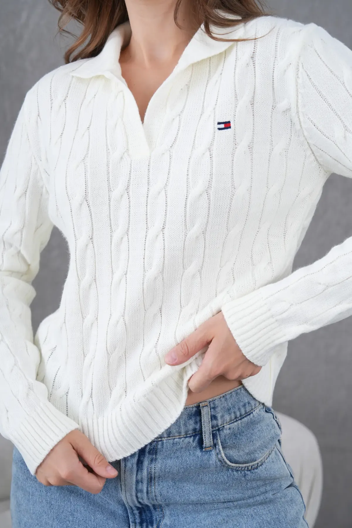 Kadın Polo Yaka Saç Örgü Triko Kazak 8610