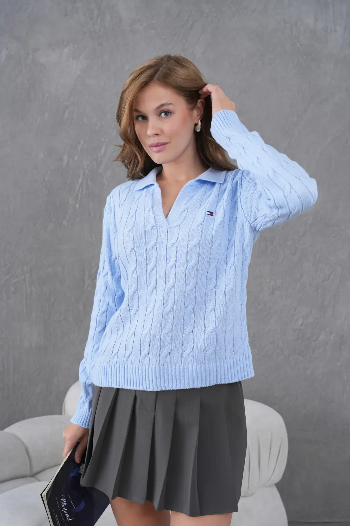 Kadın Polo Yaka Saç Örgü Triko Kazak 8610