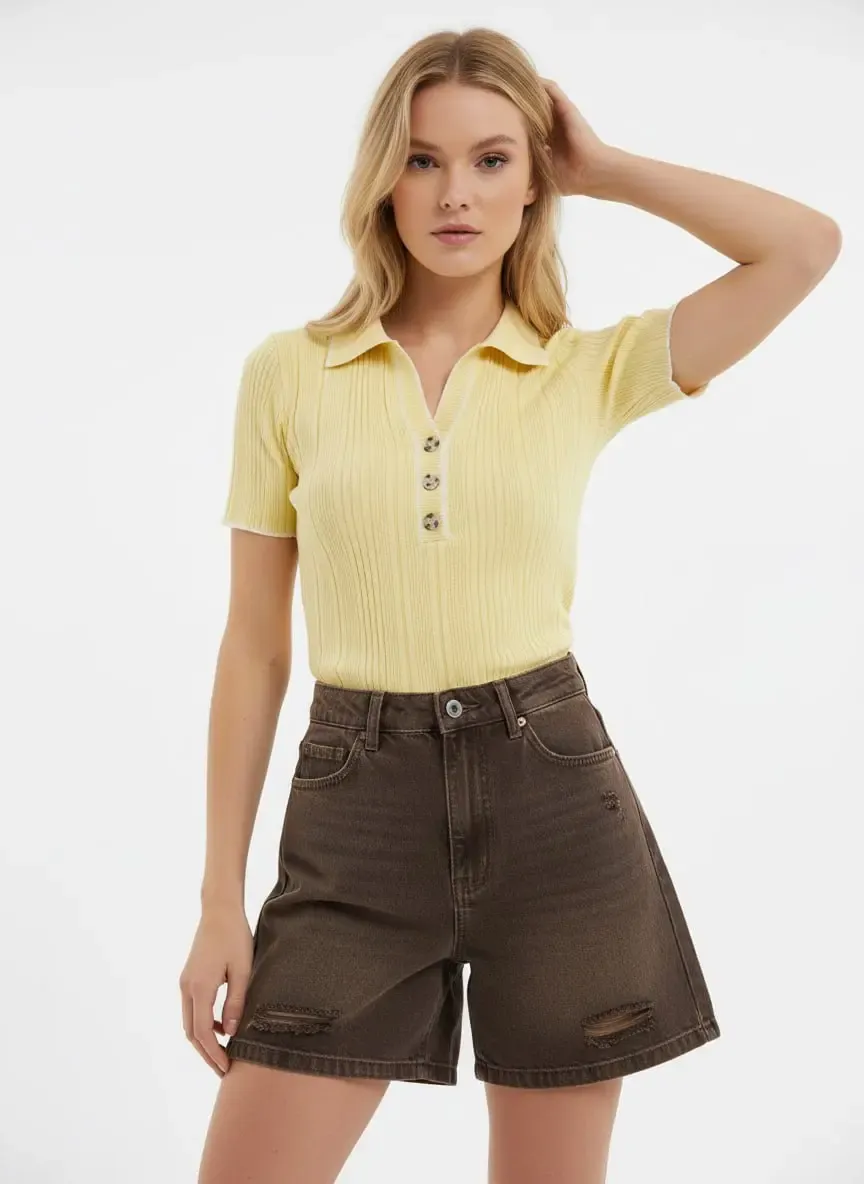 Kadın Polo Yaka Selanik Örgü Viskon Triko Kazak 12139