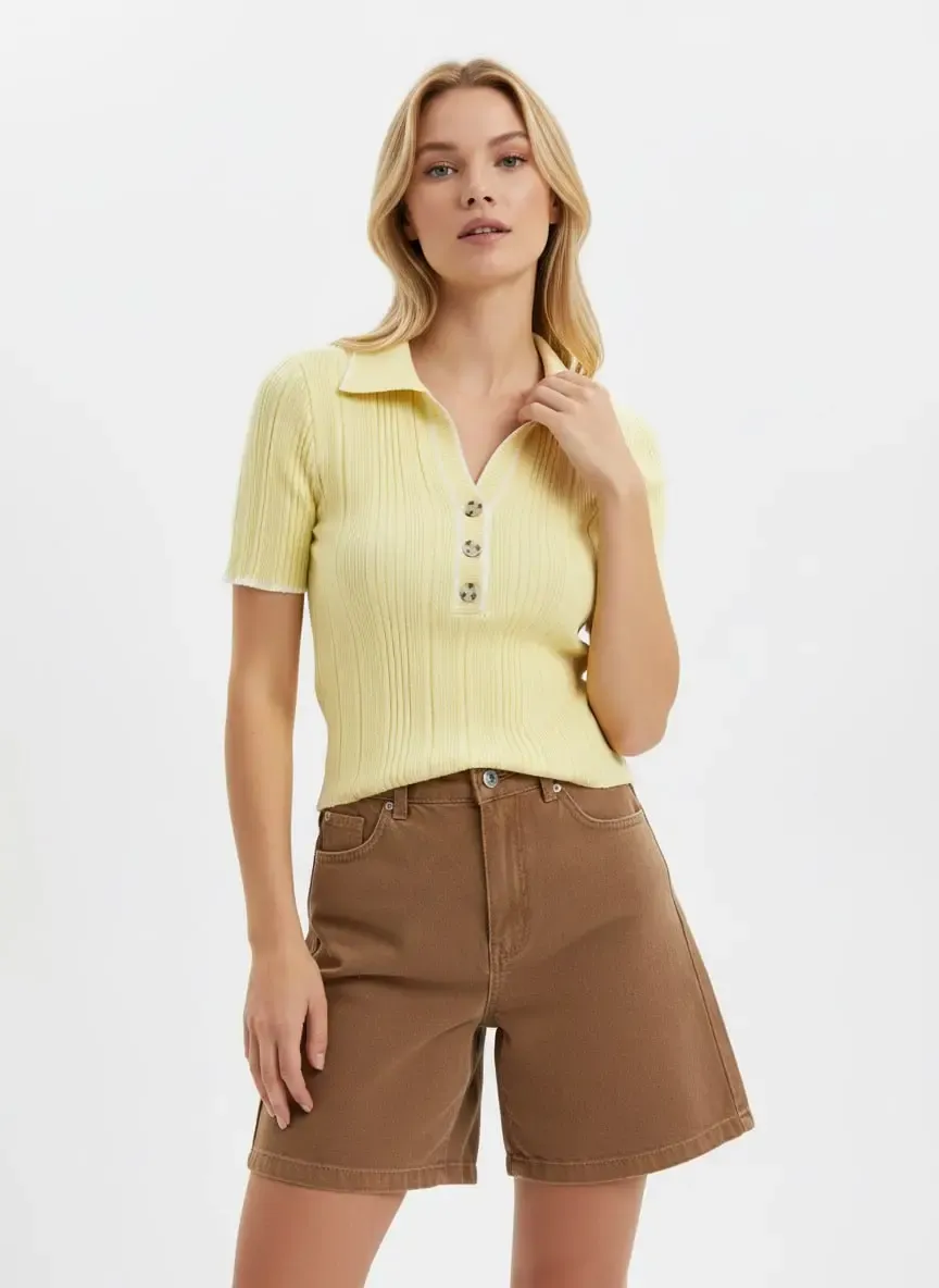 Kadın Polo Yaka Selanik Örgü Viskon Triko Kazak 12139