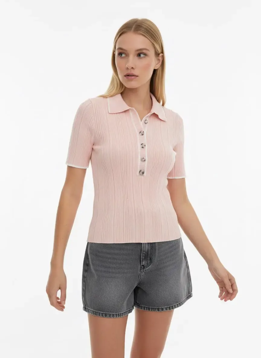 Kadın Polo Yaka Selanik Örgü Viskon Triko Kazak 12139