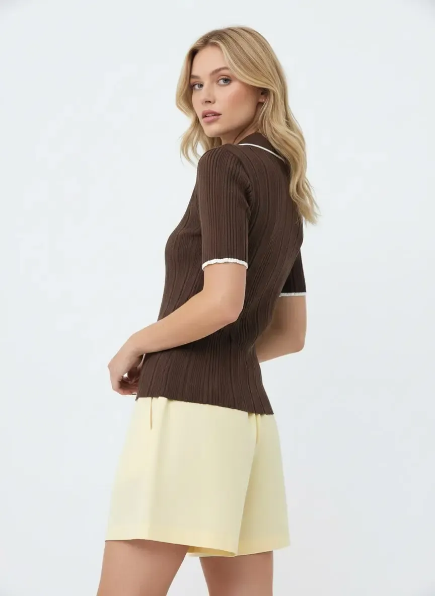 Kadın Polo Yaka Selanik Örgü Viskon Triko Kazak 12139