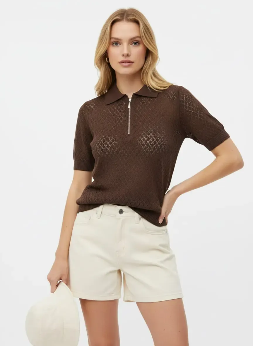 Kadın Polo Yaka Yarım Pat Fermuar Ajurlu Triko Kazak 12429