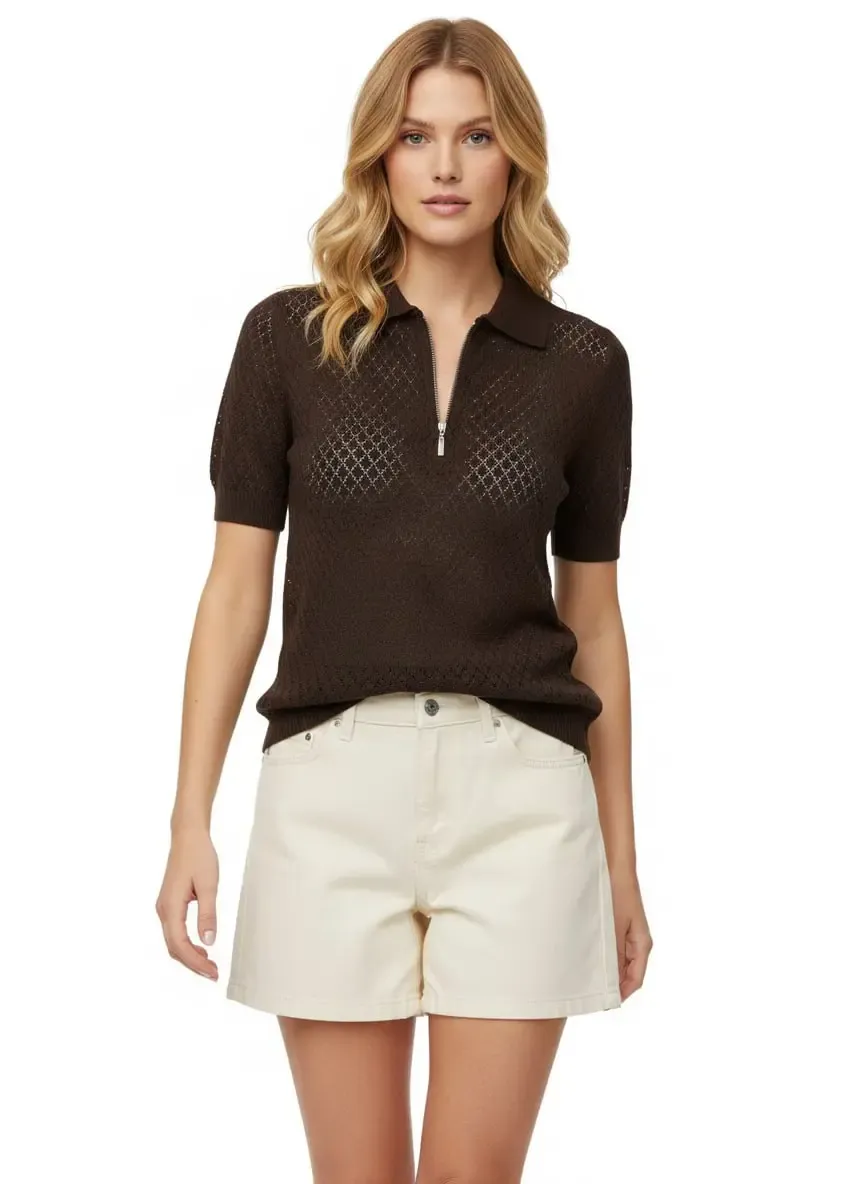 Kadın Polo Yaka Yarım Pat Fermuar Ajurlu Triko Kazak 12429