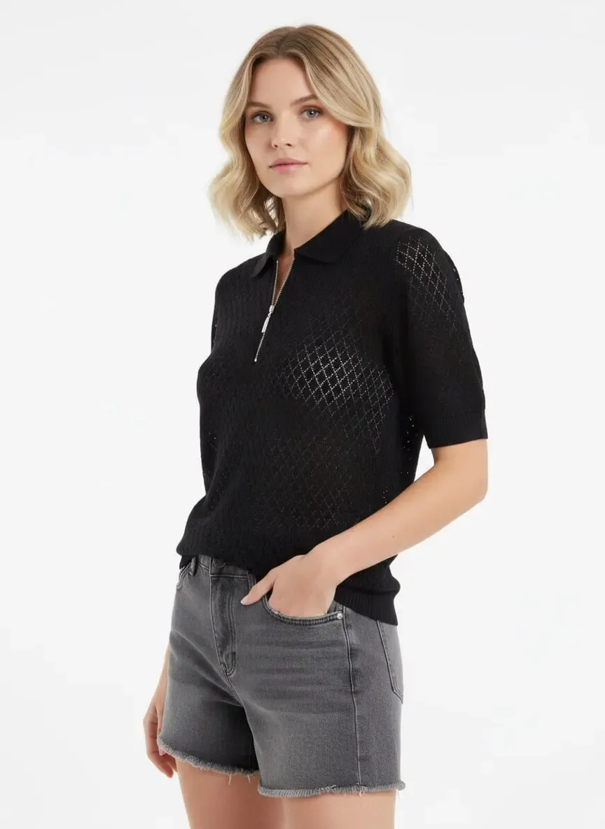 Kadın Polo Yaka Yarım Pat Fermuar Ajurlu Triko Kazak 12429