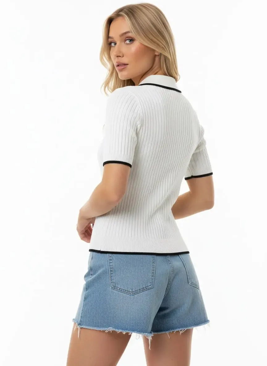 Kadın Polo Yaka Yarım Pat Fermuar Kaşkorse Triko Kazak 12431