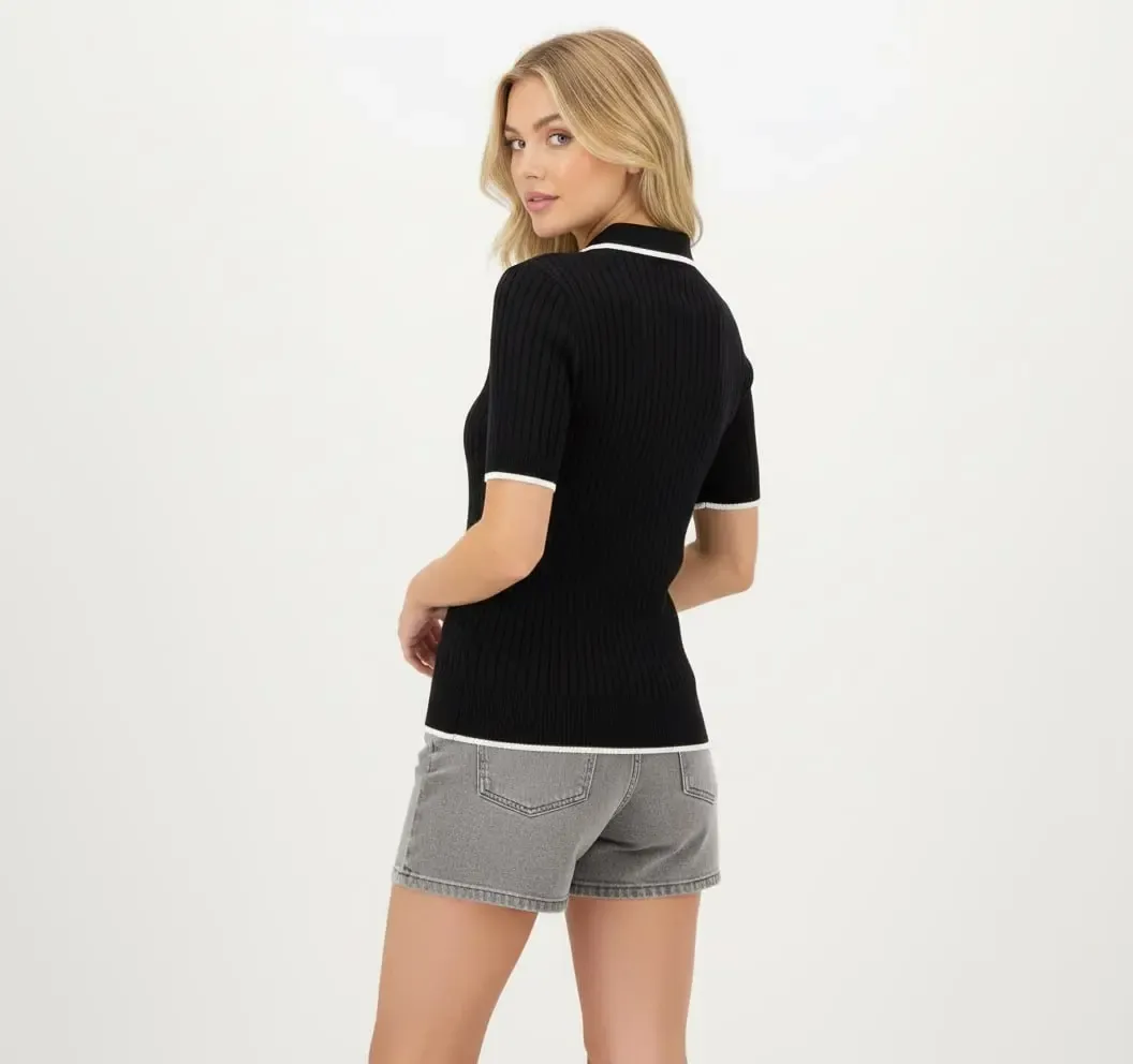 Kadın Polo Yaka Yarım Pat Fermuar Kaşkorse Triko Kazak 12431