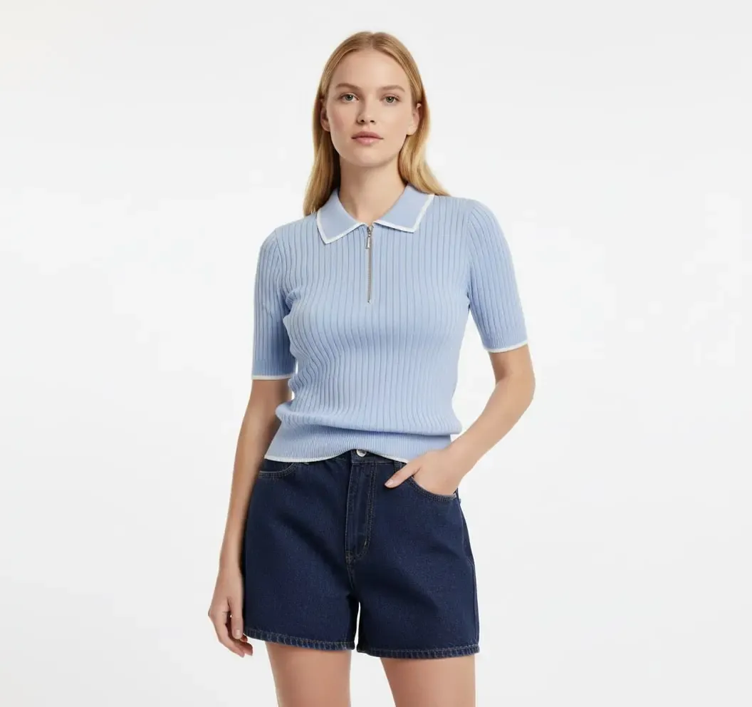 Kadın Polo Yaka Yarım Pat Fermuar Kaşkorse Triko Kazak 12431