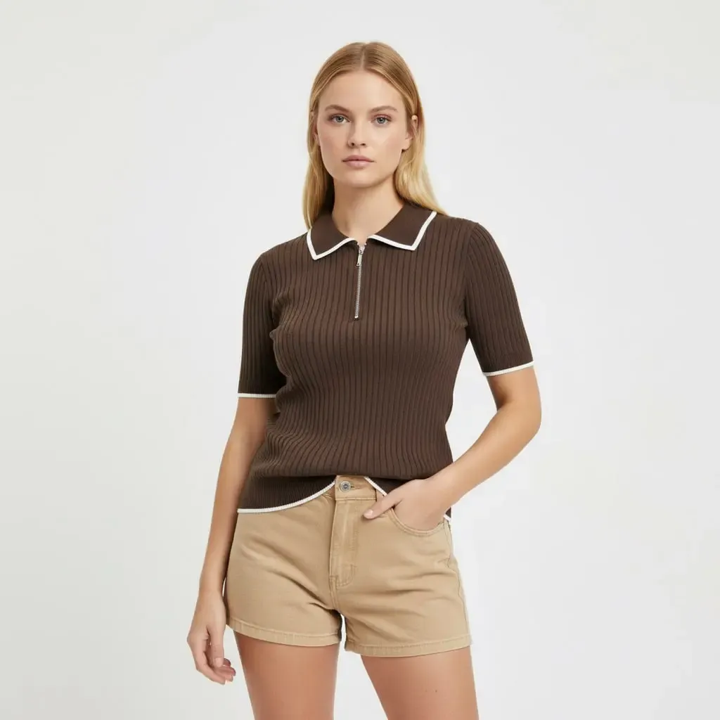 Kadın Polo Yaka Yarım Pat Fermuar Kaşkorse Triko Kazak 12431