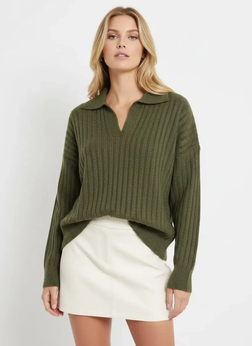 Kadın Polo Yaka Yarım Pat Kaşkorse Oversize Triko Kazak