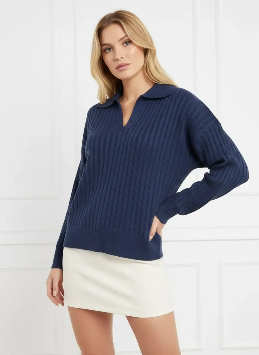 Kadın Polo Yaka Yarım Pat Kaşkorse Oversize Triko Kazak