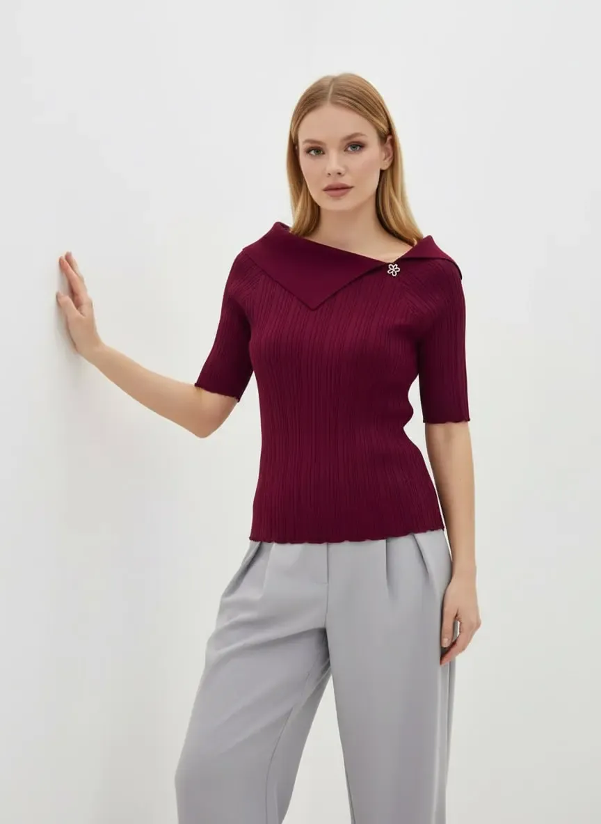 Kadın Şal Yaka Detay Aksesuarlı Selanik Örgü Triko Kazak 12420.Vrt