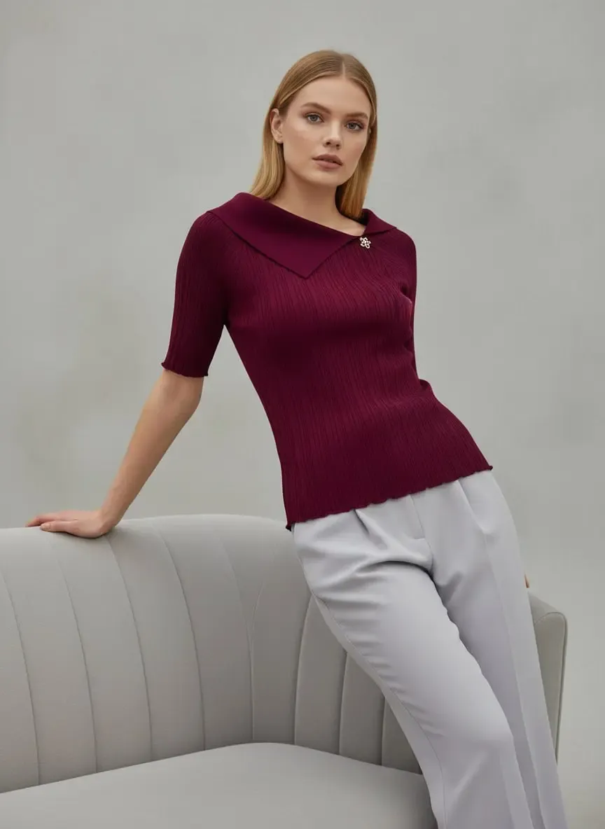 Kadın Şal Yaka Detay Aksesuarlı Selanik Örgü Triko Kazak 12420.Vrt