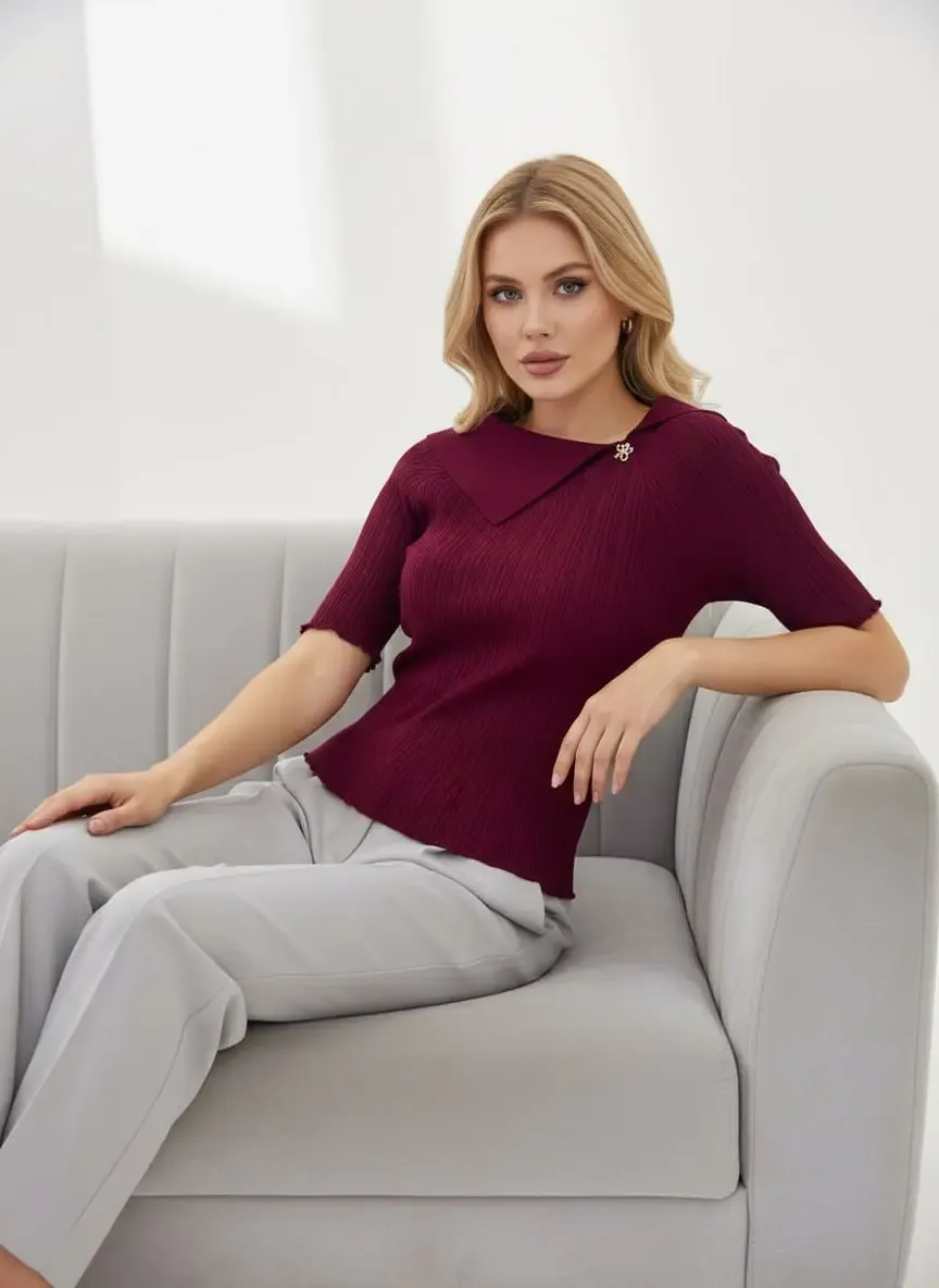 Kadın Şal Yaka Detay Aksesuarlı Selanik Örgü Triko Kazak 12420.Vrt