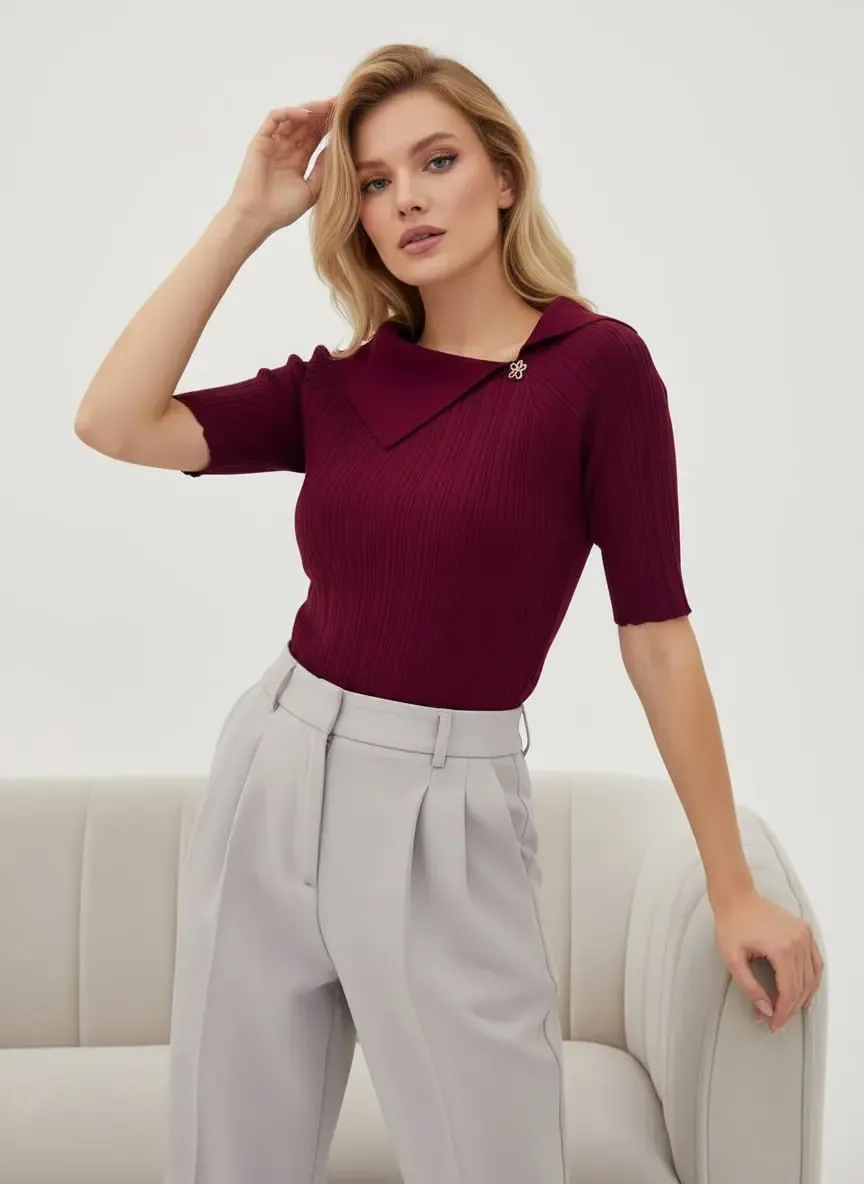 Kadın Şal Yaka Detay Aksesuarlı Selanik Örgü Triko Kazak 12420.Vrt