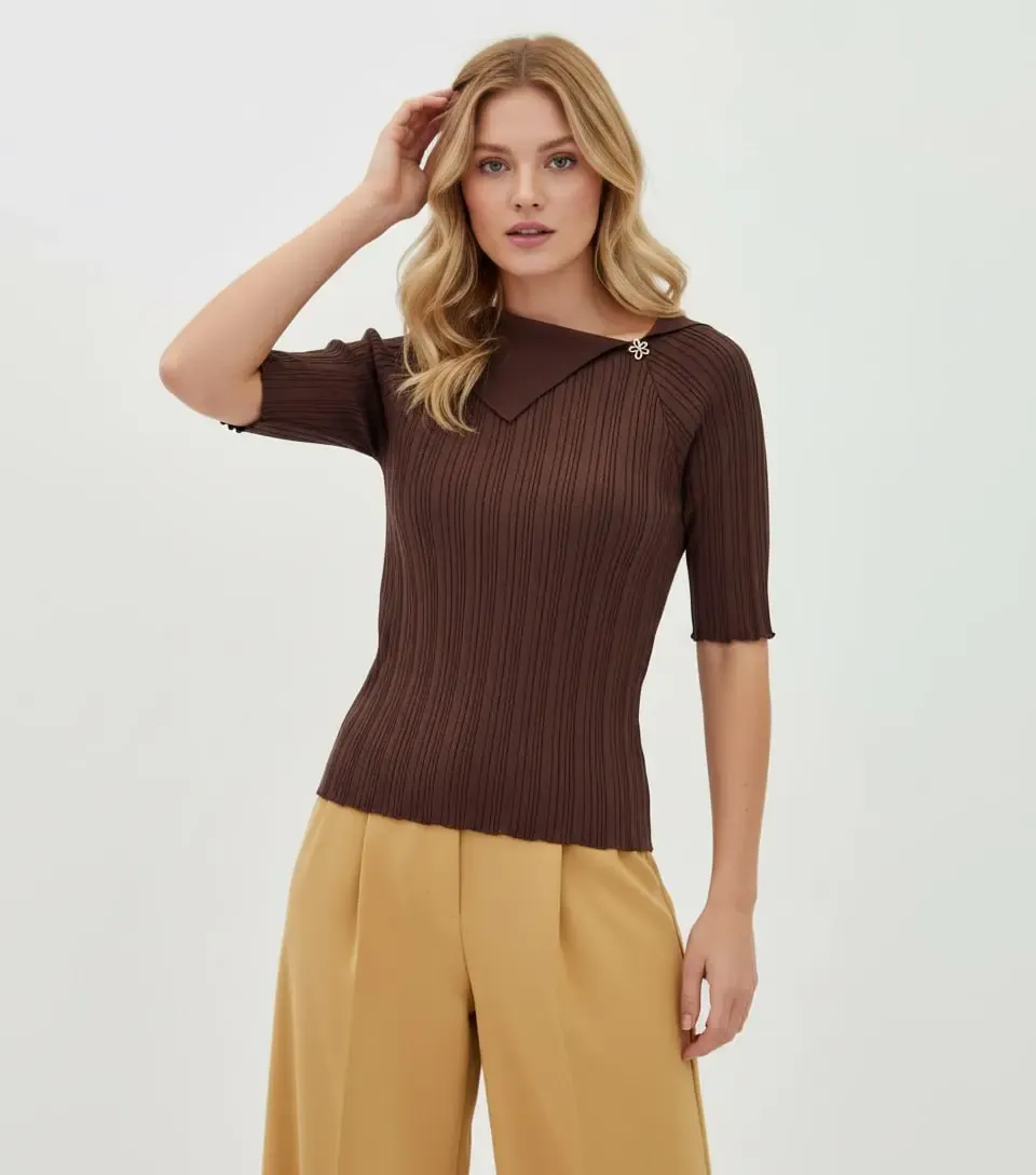 Kadın Şal Yaka Detay Aksesuarlı Selanik Örgü Triko Kazak 12420.Vrt