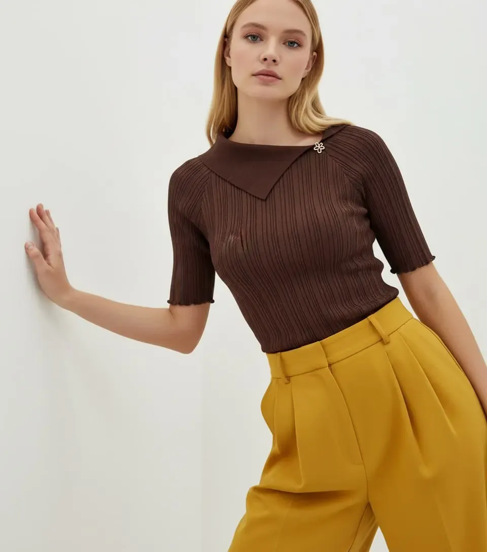 Kadın Şal Yaka Detay Aksesuarlı Selanik Örgü Triko Kazak 12420.Vrt