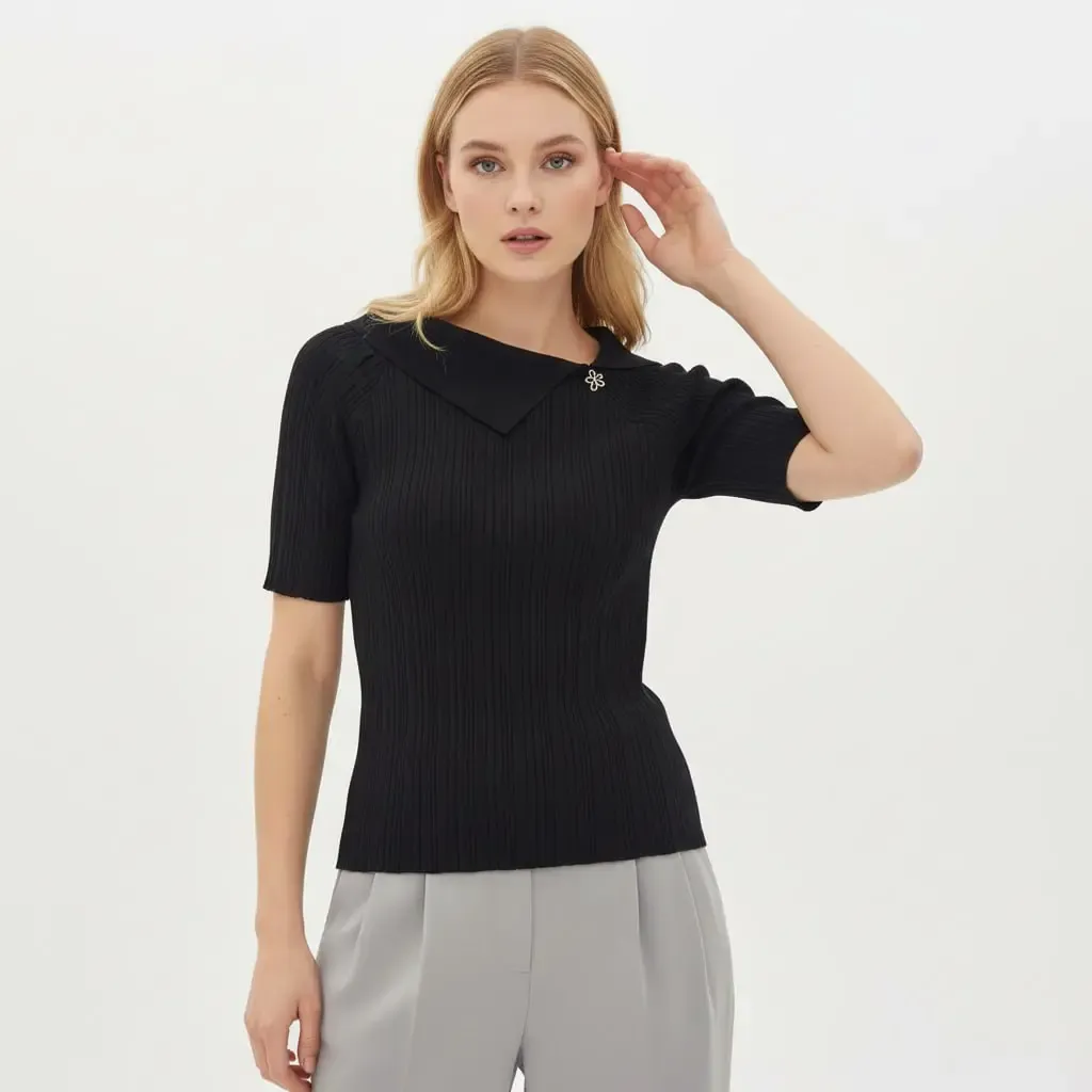 Kadın Şal Yaka Detay Aksesuarlı Selanik Örgü Triko Kazak 12420.Vrt