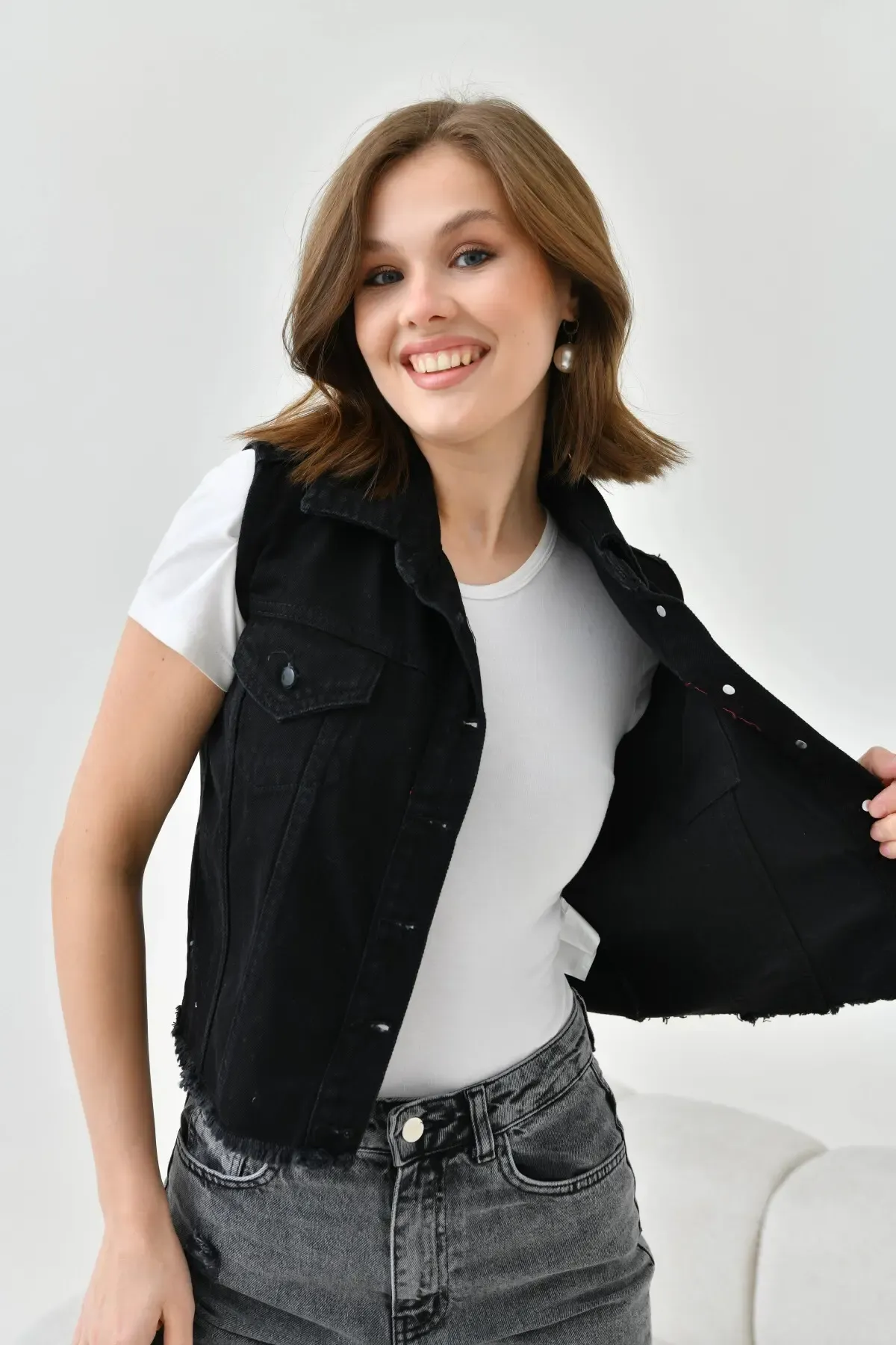 Kadın Siyah Düğme Detay Jean Yelek