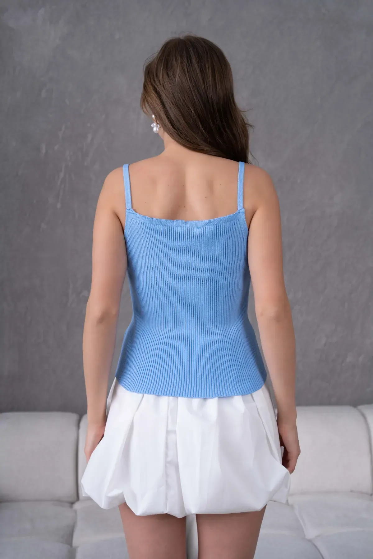 Kadın straplez Yaka Askılı Fiyonk Detay Selanik Detay Triko Bluz 12073