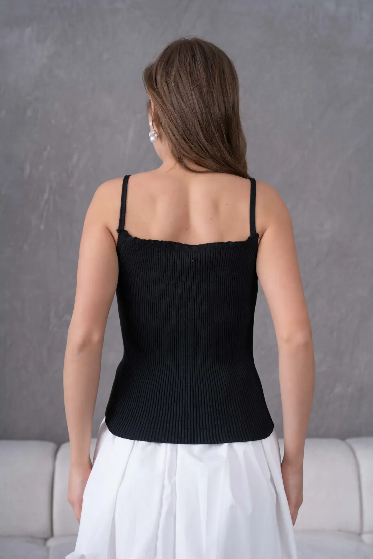 Kadın straplez Yaka Askılı Fiyonk Detay Selanik Detay Triko Bluz 12073