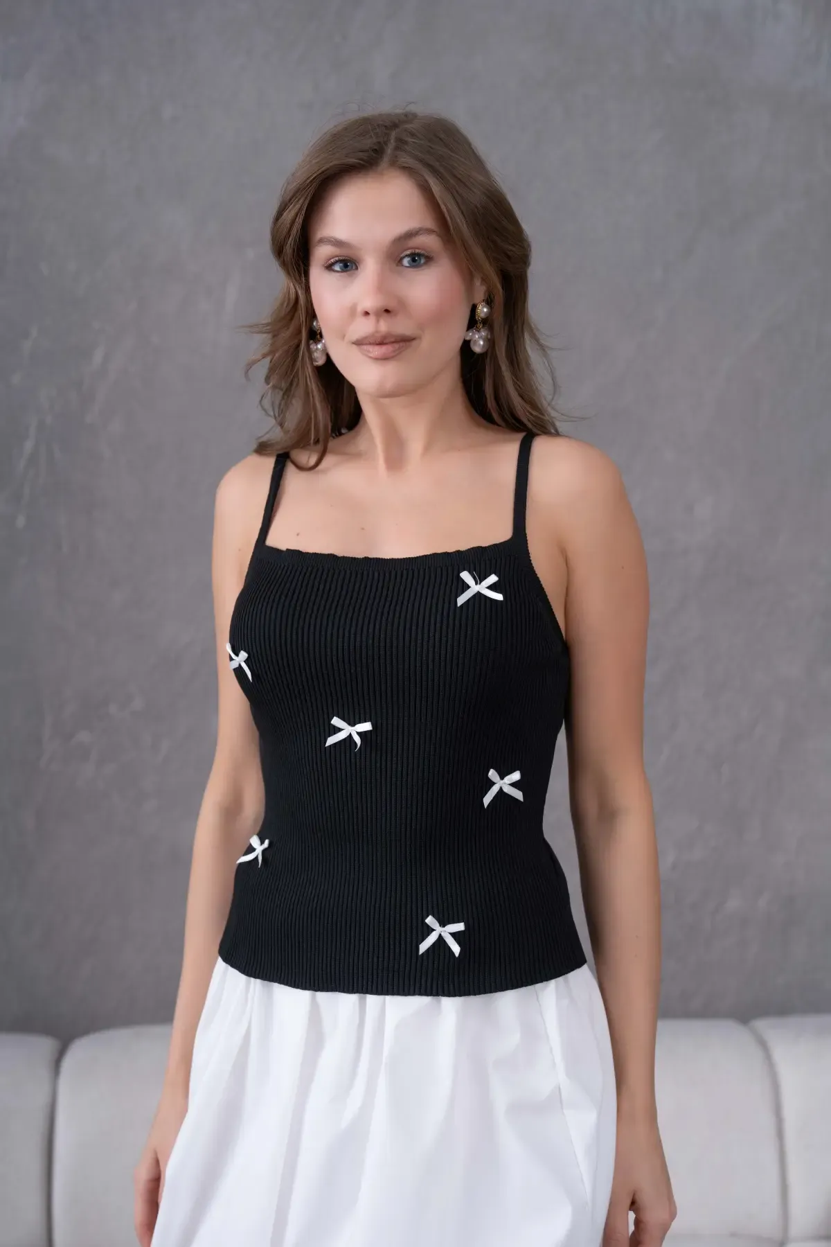 Kadın straplez Yaka Askılı Fiyonk Detay Selanik Detay Triko Bluz 12073