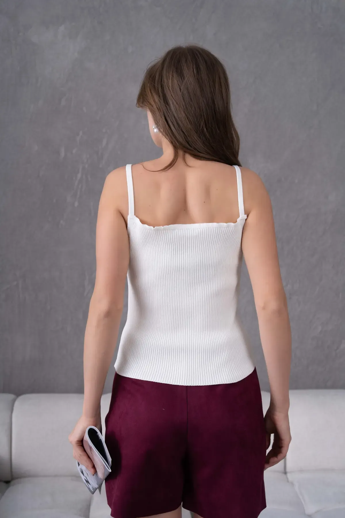 Kadın straplez Yaka Askılı Fiyonk Detay Selanik Detay Triko Bluz 12073