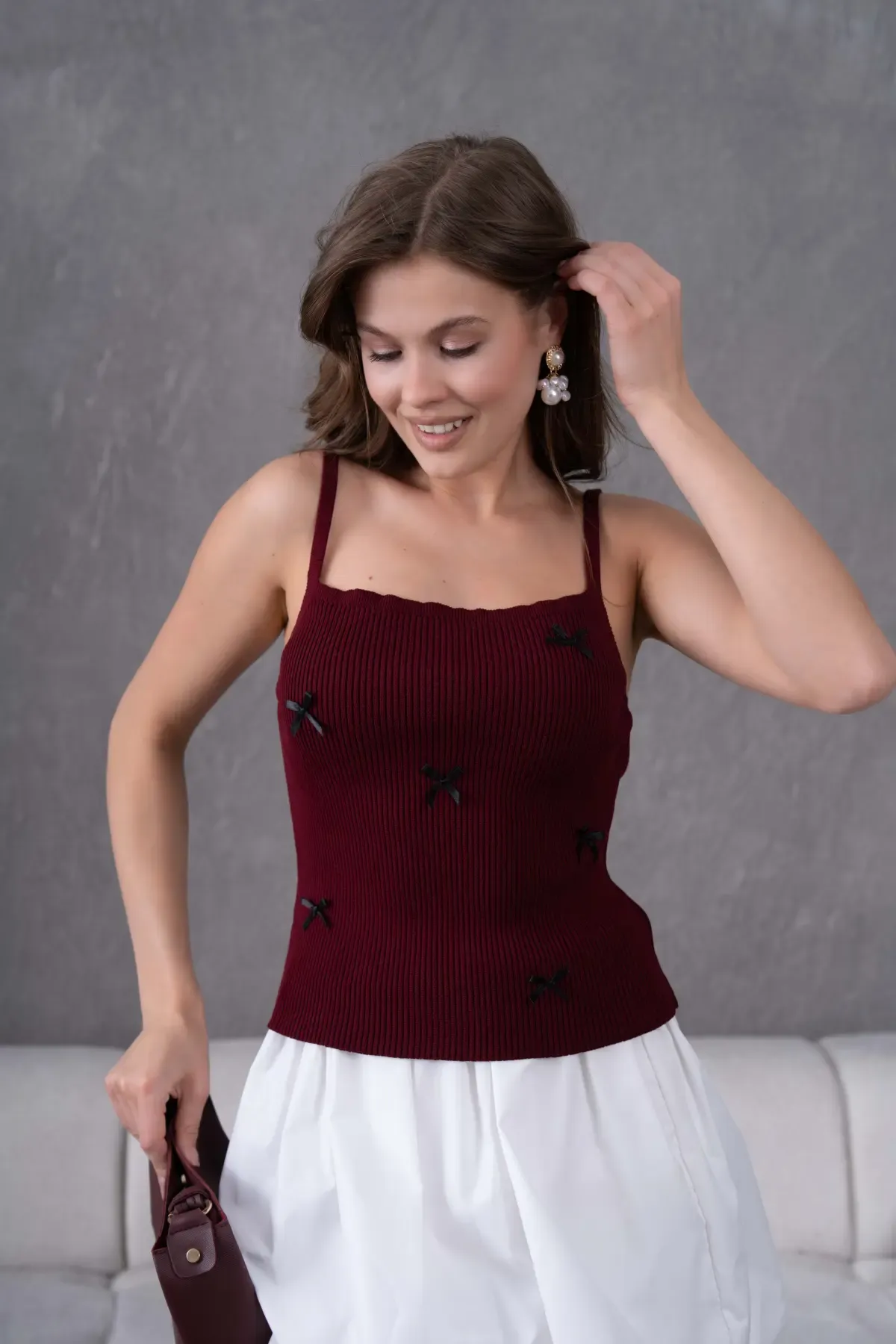 Kadın straplez Yaka Askılı Fiyonk Detay Selanik Detay Triko Bluz 12073