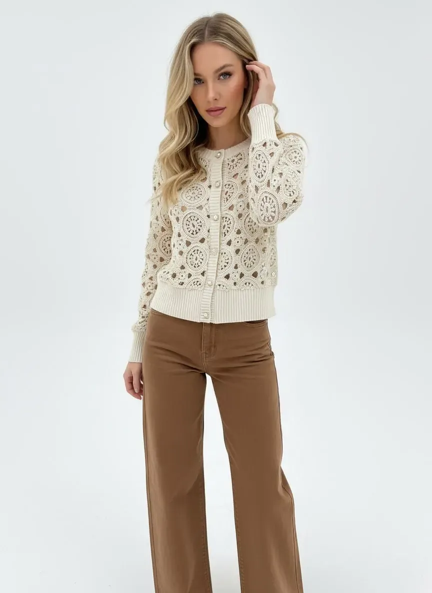 Kadın Taş Kroşe Detaylı Bisiklet Yaka Triko Hırka HI0004