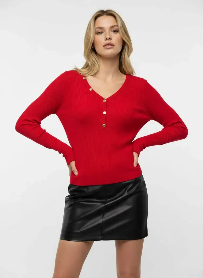 Kadın V Yak Lux Touch Gold Düğme Detay Premium İplik Tirko Kazak 12417