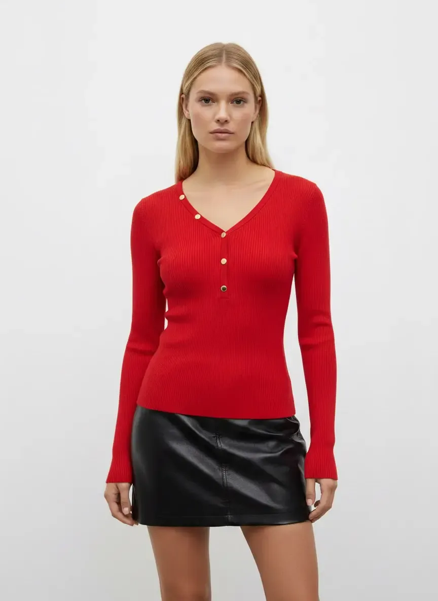 Kadın V Yak Lux Touch Gold Düğme Detay Premium İplik Tirko Kazak 12417