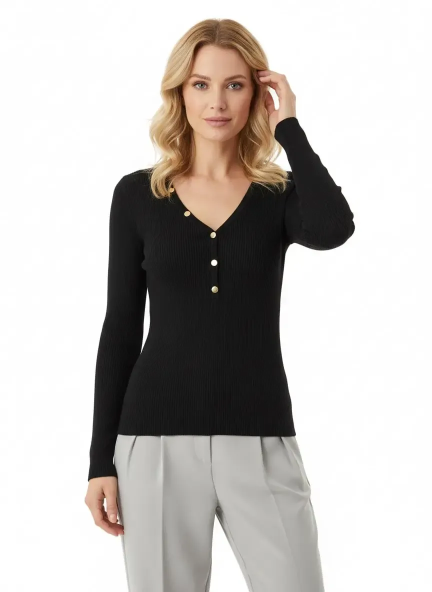 Kadın V Yak Lux Touch Gold Düğme Detay Premium İplik Tirko Kazak 12417
