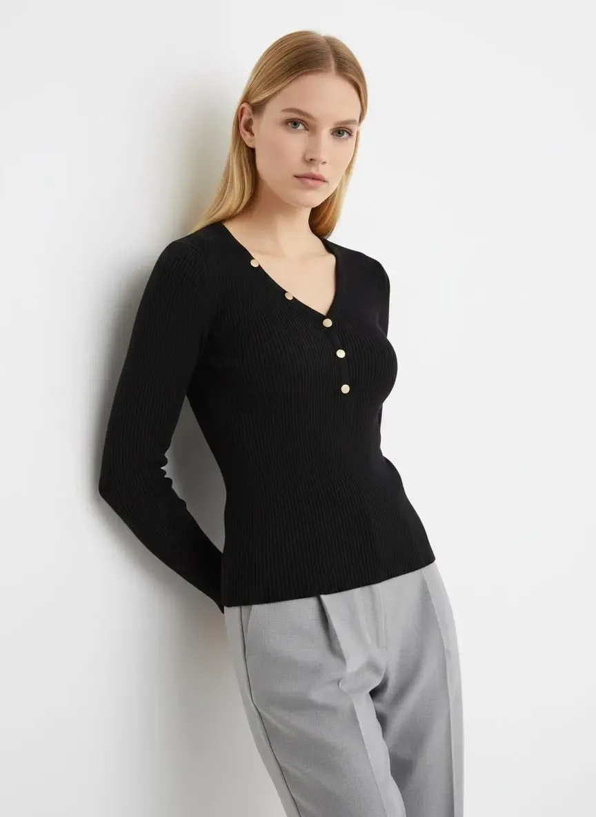 Kadın V Yak Lux Touch Gold Düğme Detay Premium İplik Tirko Kazak 12417