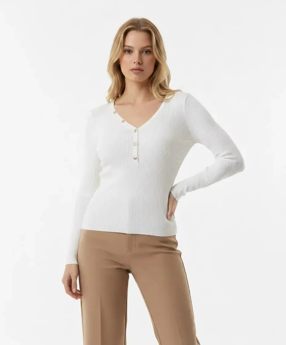 Kadın V Yak Lux Touch Gold Düğme Detay Premium İplik Tirko Kazak 12417